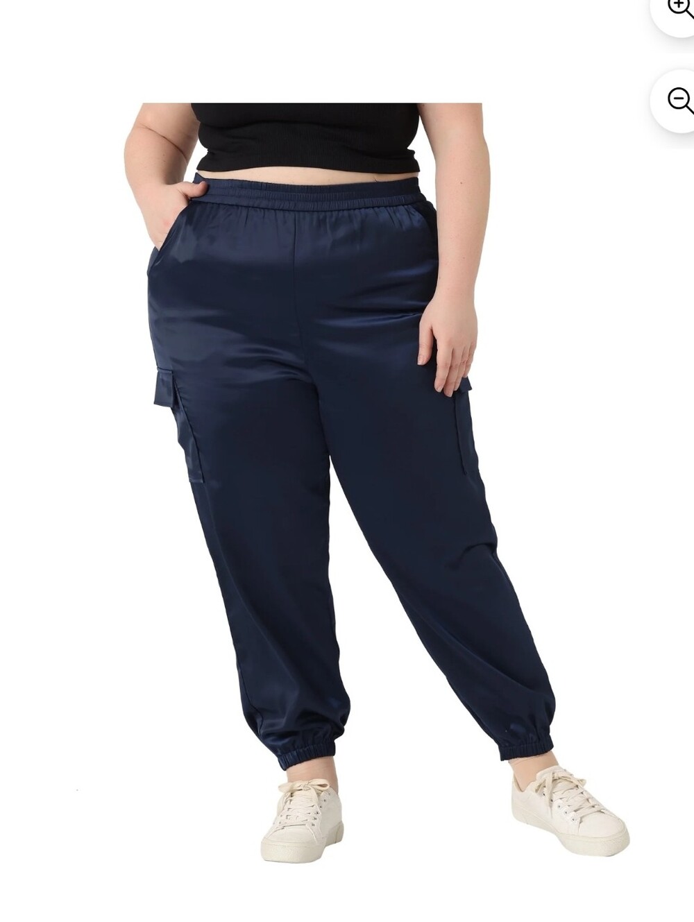 Agnes Orinda Women's Plus Size Elastic Waist Pockets Satin Joggers Ankle Length